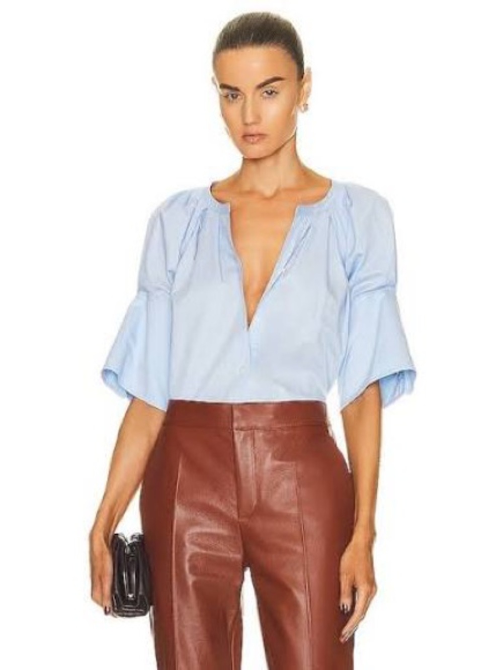 ALC Chloe Light Blue Button-Down Puff Sleeve Blouse